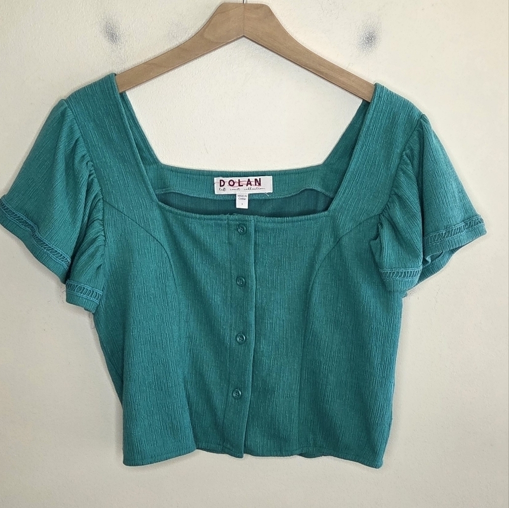 Anthropologie Dolan | Green Cropped Flutter Sleeve Square Neck Top Size Small